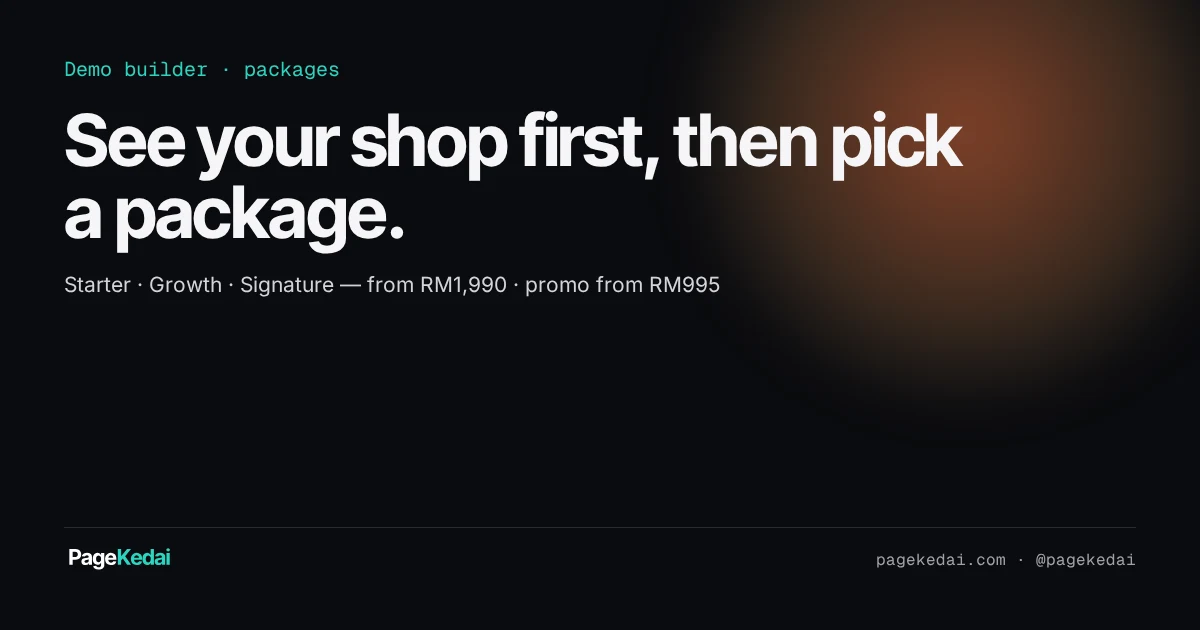 PageKedai title card: See your shop first, then pick a package — Starter, Growth, Signature from RM1,990.