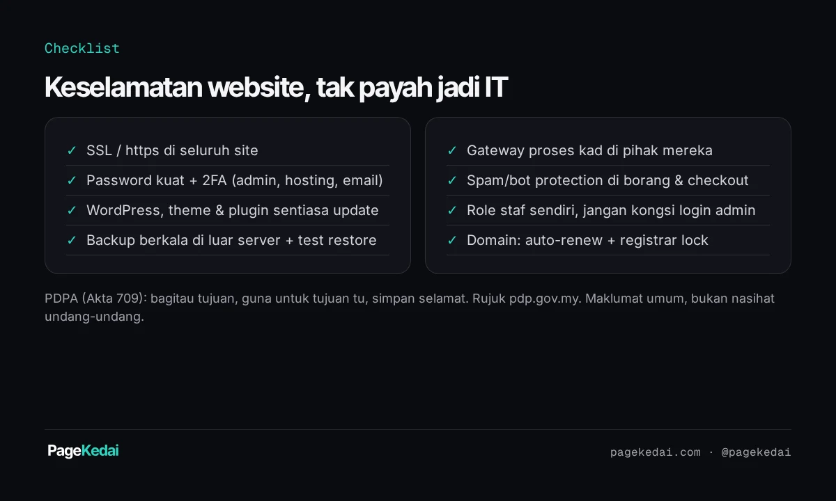 Checklist 8 perkara keselamatan website: SSL, 2FA, update, backup, gateway, anti-spam, role staf, domain auto-renew & registrar lock.