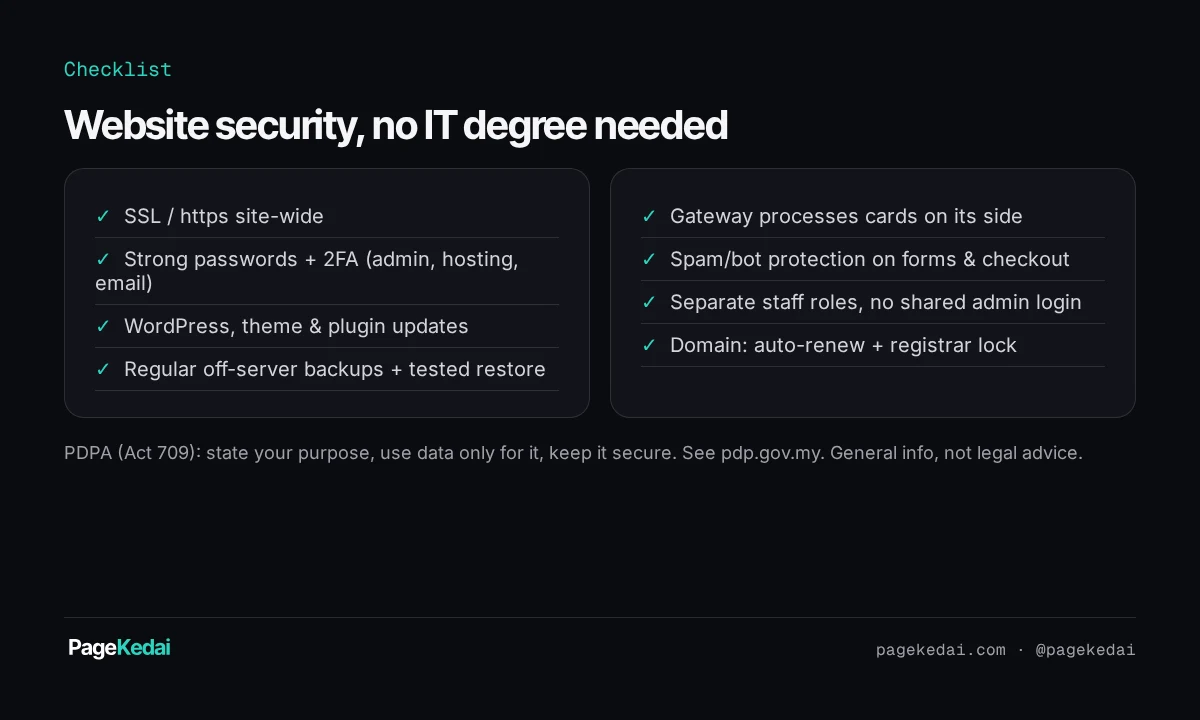 Eight-point website security checklist: SSL, 2FA, updates, backups, gateway, anti-spam, staff roles, domain auto-renew & registrar lock.