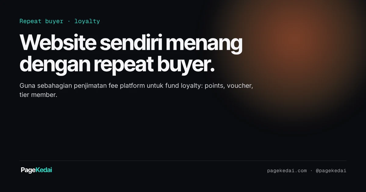 Kad tajuk PageKedai: Website sendiri menang dengan repeat buyer — fund loyalty dari penjimatan fee platform.